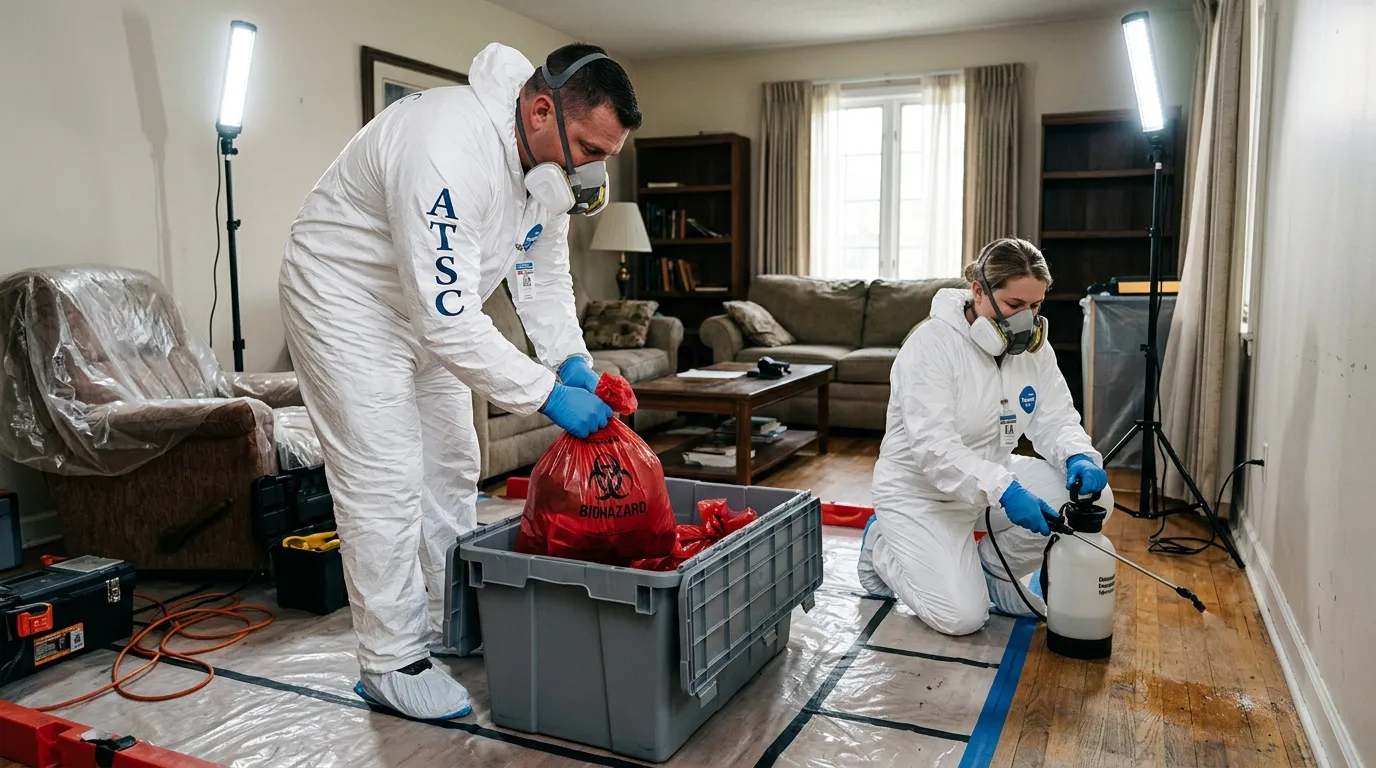 Professional Hoarding Cleanup technician in full PPE working in Fairport
